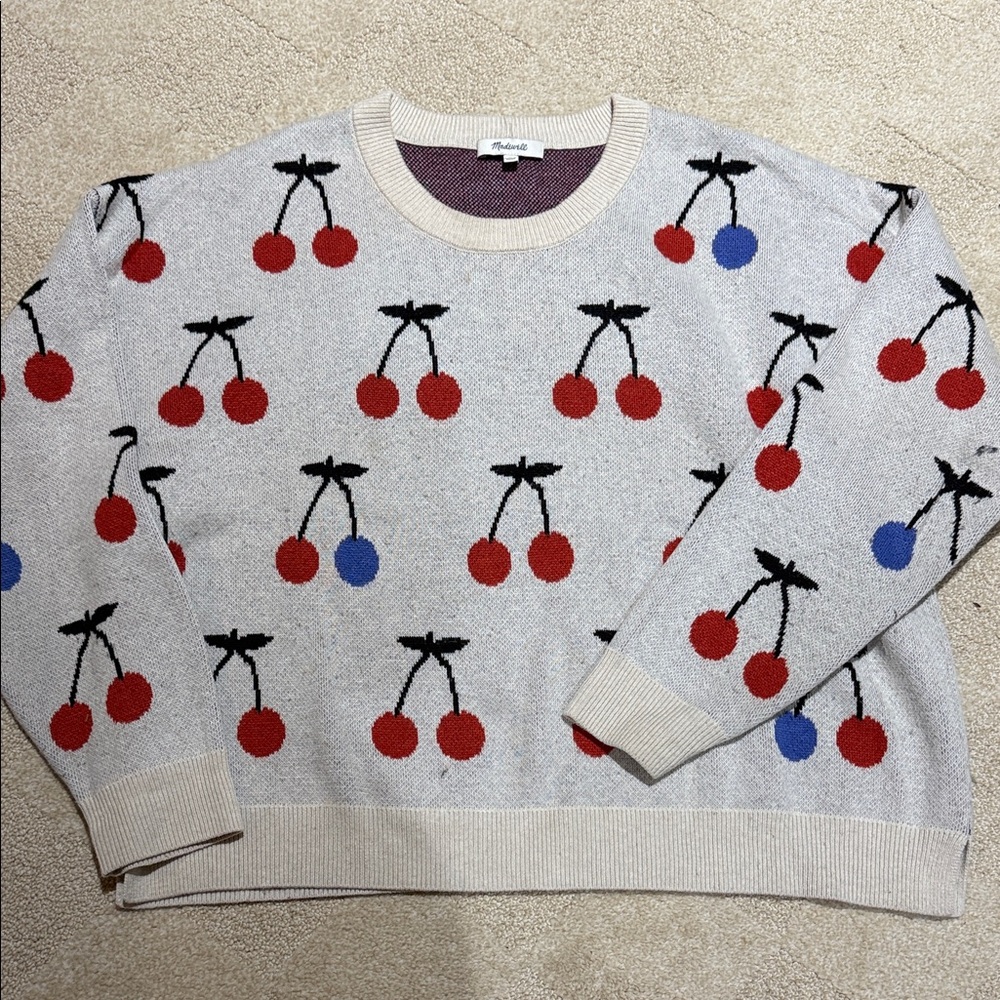 Madewell Beige Sweater with Burgundy and Navy Detail